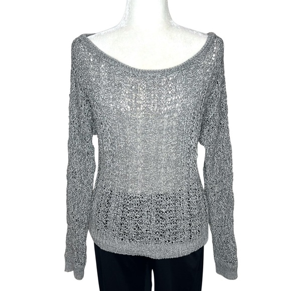 AEO Sweater Wide Neck Open Knit Long Sleeve Pullover Neutral Gray Medium M - Picture 1 of 10